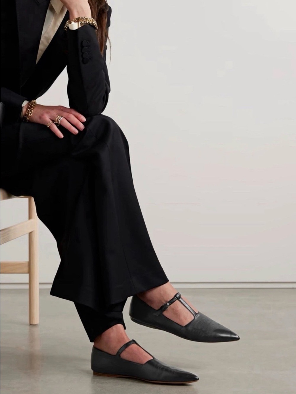 New-Gabriela Hearst Black Leather T-Strap Pointed Flats